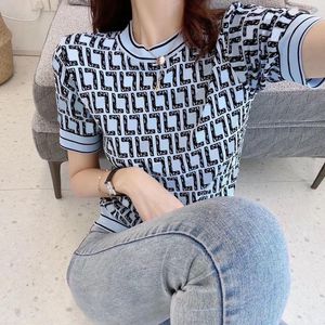 2022 nieuwe hoogwaardige Women's Knits Tees temperament all-match ronde hals volledige F letter T-shirt ijs zijde klein shirt dunne jacquard gebreide top Tee vrouwen dubbele F