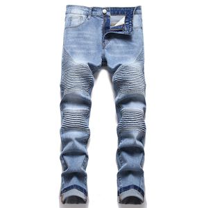 2022 Nieuwe high street stretch Biker jeans mode slanke heren geplooide vrachtbroek lichtblauw magere broek vaqueros de hombre