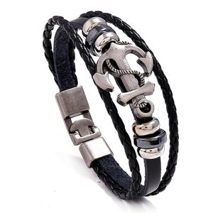 2022 nueva pulsera de ancla de aleación de cuero para hombre, pulsera de cuentas tejida de PU con personalidad informal, pulsera Punk Vintage, joyería de moda para mujer, venta al por mayor