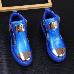 2022 Nouvelle marque de luxe hommes bottes mode baskets montantes printemps automne chaussures hautes décontractées hommes en cuir microfibre chaussure bleu blanc