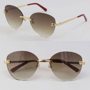 Nuevo Lente de mariposa de lujo Cabeza de guepardo Gafas de sol sin montura de metal Diseñador con caja Gafas de moda Hombre Mujer Oro de 18 quilates Marcos redondos grandes Tamaño: 60-18-140 mm