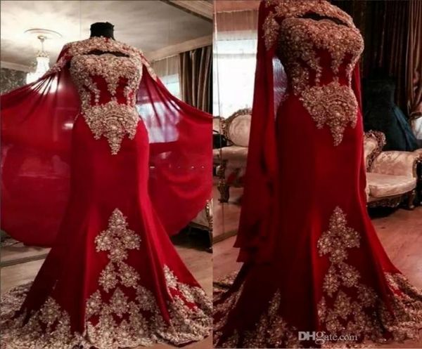 2022 Nuevo encaje de lujo Red árabe Dubai Kaftan Vestidos de noche Sweetheart Apliques Appl Mermaid Prom Vestidos con Capa Formal PAR7522776