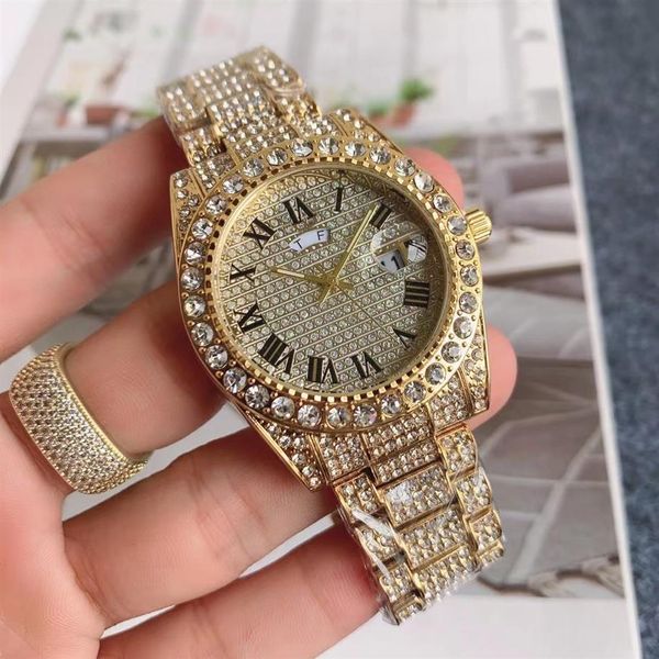 2022 nouveau luxe hommes montres plein diamant montre semaine calendrier mode hommes glacé horloge Montre De Luxe2746