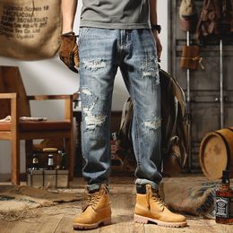 2022 Nieuwe Men Pants Street Brand Trend gewassen jeans American Hole Style Straight Loose Casual Fashion Jeans for Ment220716