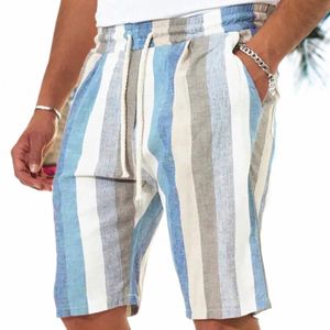 2022 Nouveaux hommes décontracté Fi Faux lin rayé Shorts lin couleur unie pantalons courts mâle été plage respirant lin Shorts E1X1 #