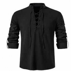 2022 Nueva camisa con cuello en V para hombres Camiseta Fi Vintage Thin LG Manga Top Hombres Casual Transpirable Frt Lace Up Hombre Camisas U7R4 #