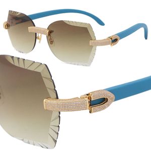 Lunettes de soleil sans bords pour hommes et femmes, ensemble de diamants en métal, lunettes de soleil en bois bleu pour hommes et femmes avec or 18 carats, optique de luxe UV400