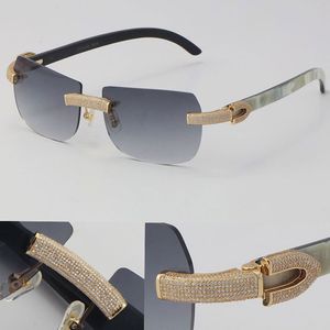 2022 nouvelles lunettes de soleil en diamant micro-pavées originales véritables rayures verticales noires et blanches naturelles corne de buffle sans monture or 18 carats C décoration homme femme lunettes