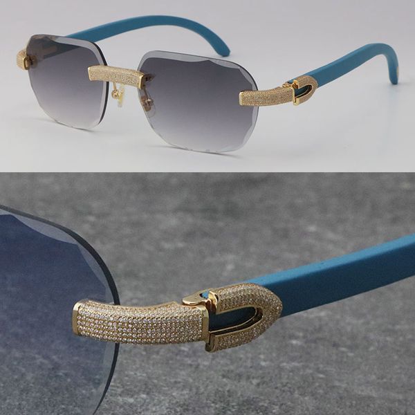 2022 Nouveau modèle Lunettes de soleil en diamant micro-pavées Lunettes de soleil sans monture en bois d'origine Or 18 carats C Décoration Homme Femme Pierres Lunettes UV 400 Lentille Bleu En bois