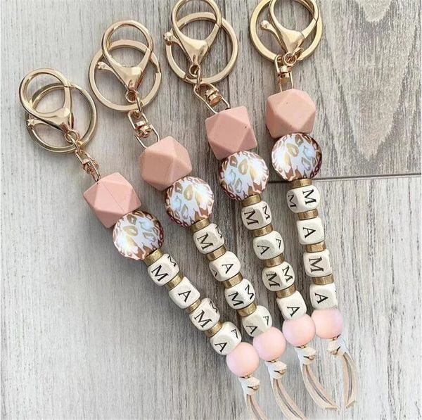 2022 Nouvelle fête des mères Cadeau Leopard Print Silicone Wood Bead Mama Keychain Keychain pour maman