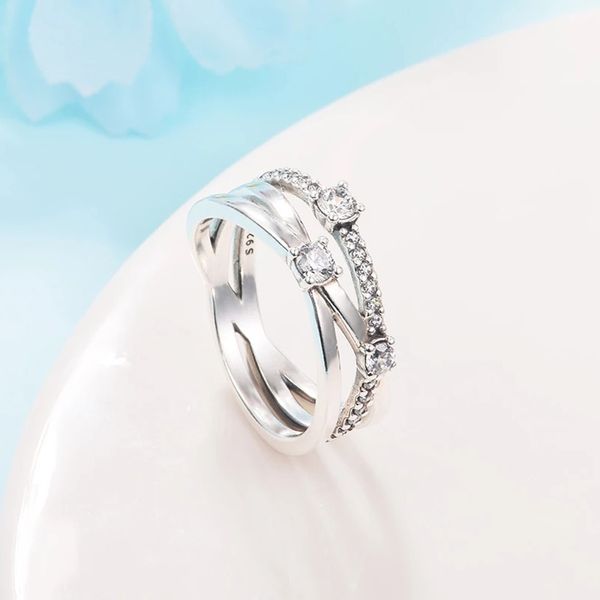 2022 New Mother's Day Rings Authentique 925 Sterling Silver Sparkling Triple Band Ring Fit Pandora Style Femmes Hommes Rose Couleur Bague Cadeau 199400C01 189400C01