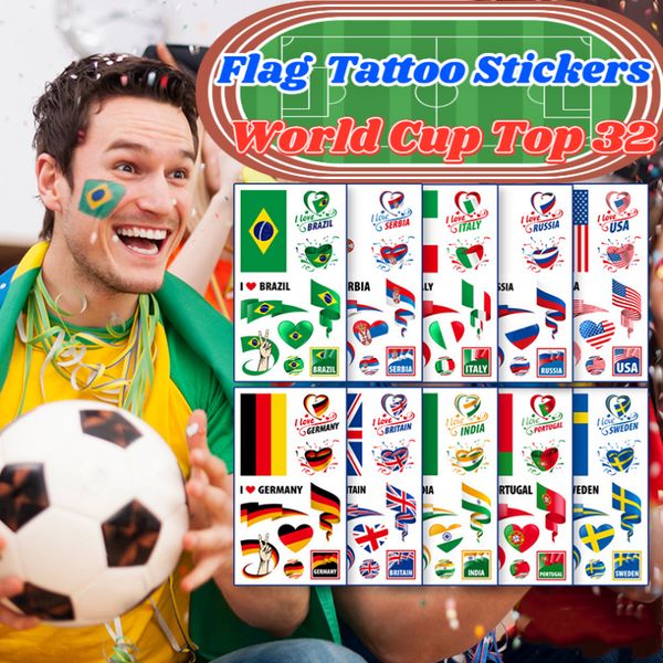 2022 Nuevas decoraciones de la bandera nacional Pegatinas de tatuaje Fútbol mundial Top 32 Bandera Maratón Juegos Fans Fiesta Temporal FY2551 P1028