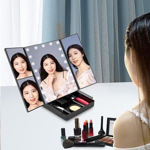 2022 Nouveau produit avec la lampe pliante miroir triple avec boîte de rangement Miroir de maquillage LED de bureau 2x3x Miroir de beauté