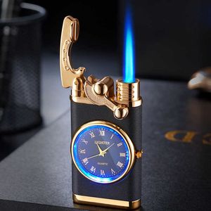 2022 nuevo reloj con brazo basculante Metal creativo sin Gas llama azul encendedores Jet butano antorcha a prueba de viento encendedor de cigarros Gadgets regalo para hombres NPRI