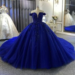 2024 neue königsblaue Ballkleid-Quinceanera-Kleider aus der Schulter, Perlen, Perlen, Tüll, sechzehn Kleider, schnüren sich oben, geschwollene Kleider