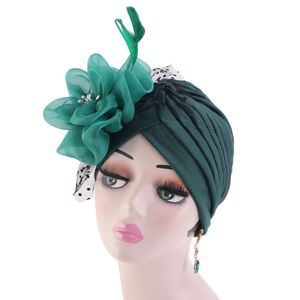 2022 Nieuwe ruche Turban-hoed met veer bloem moslim vrouwen hoofddoek bandana's bruiloft hoofddeksels Indian cap chemo hat turbante