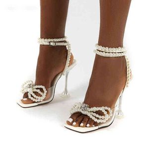 2022 NOUVELLES sandales femmes chaussures talon aiguille bout ouvert perle papillon-noeud clair transparent talons hauts bride à la cheville boucle pompes Y220209