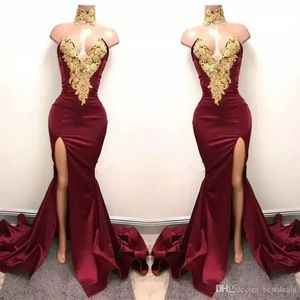 2022 New Sexy Borgogna africana Prom Dresses Abiti da sera Sirena Oro Appliqued Pizzo Front Split 2K18 Abiti da sera eleganti da cerimonia