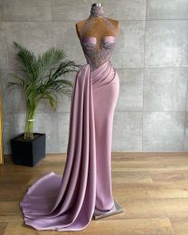 2022 Nouveau sexy Aso Ebi arabe grande taille lilas dentelle perlée gaine robes de soirée col haut plis bal fête formelle deuxième réception248k