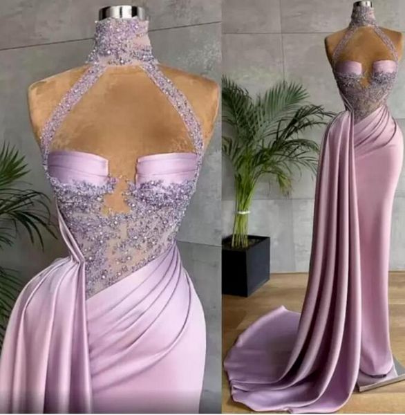 2022 Nuevos vestidos de fiesta árabes de Aso Ebi sexy Tallas grandes Vestidos de noche con vaina de encaje lila con pliegues de cuello alto Vestidos de segunda recepción por encargo C0621x03