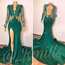 2022 Nuevos vestidos de fiesta sexy sin espalda Sirena Mangas largas Hunter Green Gold Lace Beaded Deep V Neck Ocasión especial Vestidos de noche