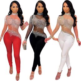 2022 Nieuwe sexy crystal steentjes diamant Diamant Skinny Long Pant Jumpsuit Women One Sleeve Zie door Romper Clubwear Fitness Outfits