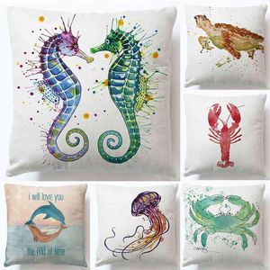 2022 Nieuwe Soft Super Linnen Kussensloop Privé Rechthoekig Seahorse Turtle Fish Lovely Animal Sofa Kussen