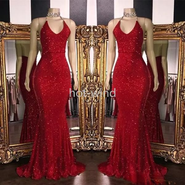Robe de bal longue en paillettes rouges scintillantes, col licou, style sirène, dos bas, robe de soirée arabe, nouvelle collection 2022, BC1085 EE