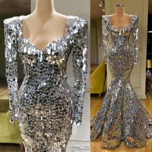 2022 Nieuwe Sparkly Pailletten Zilveren Zeemeermin Avondjurken Lange Mouwen Arabische Avondjurk Dubai Lange Elegante Vrouwen Formele Party Galajurken CG001