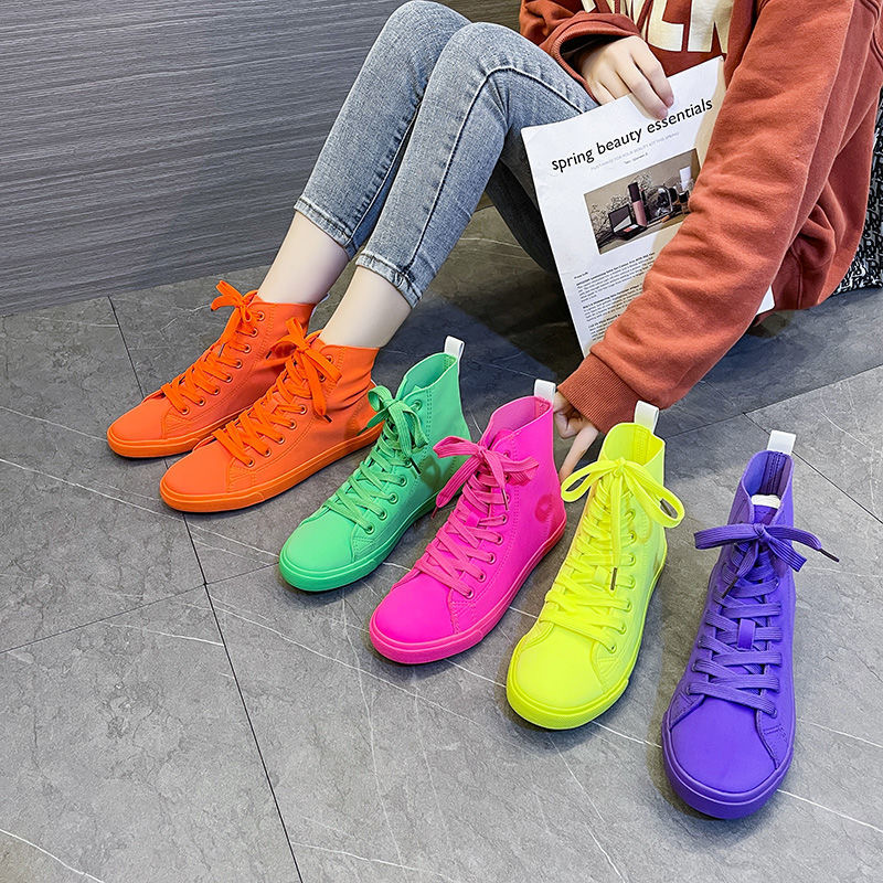 Women's High-Top Elastic Mandarin Duck Shoes - Fluorescent Green & Soft Canvas for Casual Wear in Spring/Summer 2022
