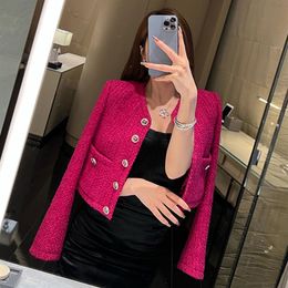 2022 nouveau printemps mode femmes col rond à manches longues couleur rose tweed laine veste courte manteau taille haute casacos SML2734