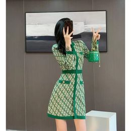 2023 Nieuwe Spring Fashion Damesjurken O-Neck Lange Mouw Green Color Print Patroon Hoge taille A-lijn gebreide jurk SMLXL 36UJ#