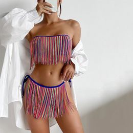 2022 Nieuwe stock bandeau topbindingen rug franjes Braziliaans bikini zwempak voor dame sexy tassel tweedelige bikinis strandkleding