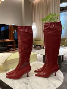 2022 Nieuwe stijl Sheepskin lederen knie laarzen ridder laarsjes casual feestkleding schoenen 5 cm med hakken geplooide pilden tenen pioned elastische spanning rits zip maat 34-43