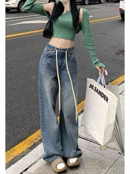 2022 Nouvelle mode d'été femmes style punk surdimensionné jean bouton lavage pantalon bleu e-girl streetwear large pipe lâche décontracté L220726