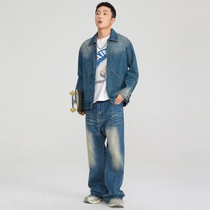 Ensembles de jeans pour hommes en vrac décontractés veste en jean surdimensionnée à fermeture éclair dégradée et pantalon tube droit automne tendance hip hop 2 pièces streetwear m-5xl