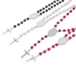 2022 nouveau collier de chapelet blanc de Sublimation à la mode collier pendentif croix avec insertion ovale bricolage Photos cadeau