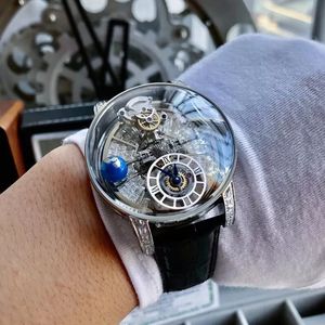 2022 Nouvelle version Transparent Skeleton Watch Volants Boîtier en argent Bracelet en cuir bleu Mens T op qualité Mouvement automatique ETA Montres de luxe en verre saphir