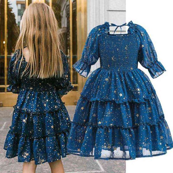 2022 Nuevo vestido ahumado vintage para niñas Ropa de verano de gasa de manga corta para 3-8 años Cumpleaños Boda Niños Vestidos de princesa G220428