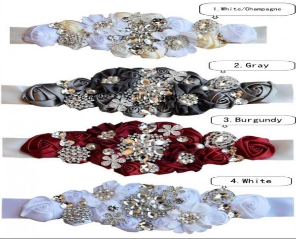 2022 Nouveau mariage ceinture ceinture soie satin fleurs faites à la main avec cristal scintillant perlé sequin pas cher bordeaux champagne ceinture de mariée B1980890