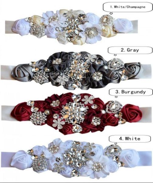 2022 Nouveau mariage ceinture ceinture satin de soie fleurs faites à la main avec cristal scintillant perlé sequin pas cher bordeaux champagne ceinture de mariée B9136848