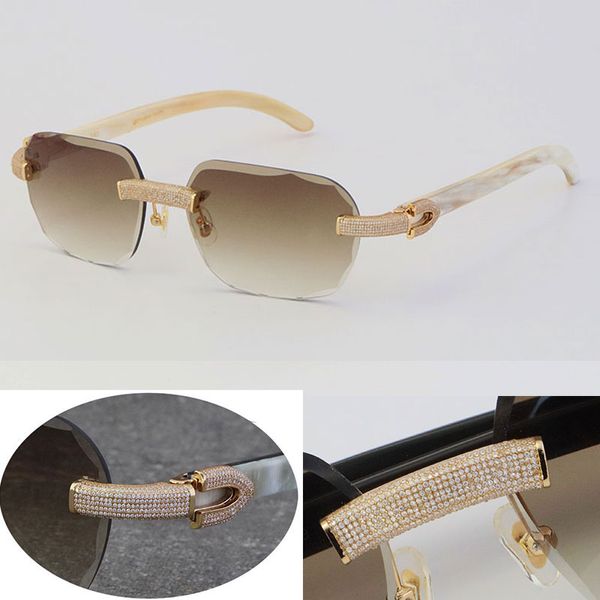 2022 New White Genuine Natural Buffalo Horn Gafas de sol Sin montura Micro-pavimentado Juego de diamantes Gafas de sol Hombres Mujeres con C Decoración Rocas Gafas con montura de alambre Unisex