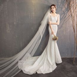 2022 Nuevo vestido de novia de Mermaid Hepburn White Bride French Wedding Bride Super Fairy Lace Wed Vestidos Vestido de Novia
