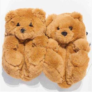 2022 Nieuwe Winter Winter Women Home Indoor Soft Anti-Slip Faux Fur Cute Slippers Winter Warm schoenen Cartoon pluche Teddy Bear Slippers G220730