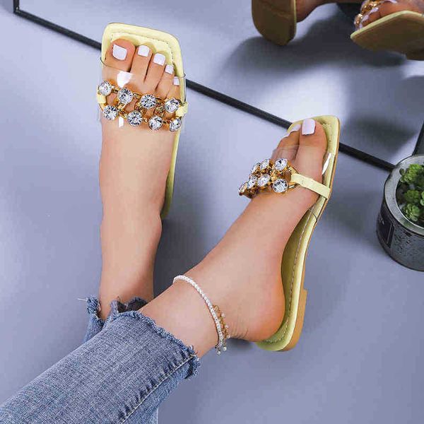 2022 nueva mujer sandalias planas de verano moda sólido color transparente PVC Rhinestone Collar de punta abierta Sandalias planas zapatos de playa J220716