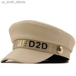 2022 Novos Chapéus Militares Pretos Femininos Outono Inverno Moda Lã Couro Pu Cadeia Newsboy Caps Com Cinto Fêmea Gorras L230523