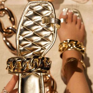 2022 nieuwe vrouwen flats schoenen zomer herfst ketting sandalen ontwerper zoete slipper jurk flip flops open teen dia's strand chaussures aa220307