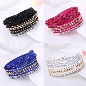 2022 Nieuwe Vrouwen Nieuwe Mode PU Lederen Wrap Polsband Manchet Punk Rhinestone Armband Crystal Bangle Charm Armbanden 10 Kleuren