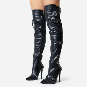 2022 nouvelles femmes Rivet pleine fermeture éclair bottes boucle en cuir talon haut mince gland noir long genou bottes bout pointu chaussures