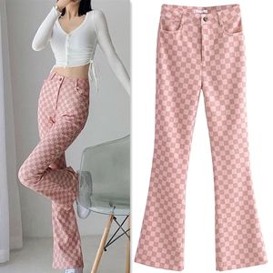 Nieuwe Europese damesmode hoge taille roze kleur schaakbord geruit rasterpatroon slanke sexy mode flare lange broek broek SMLXL